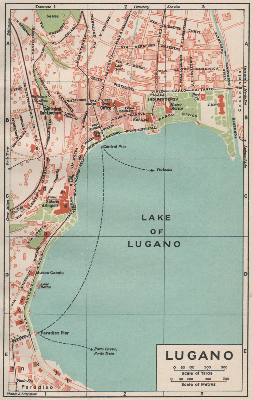 LUGANO. Vintage town city map plan. Switzerland 1930 old vintage chart